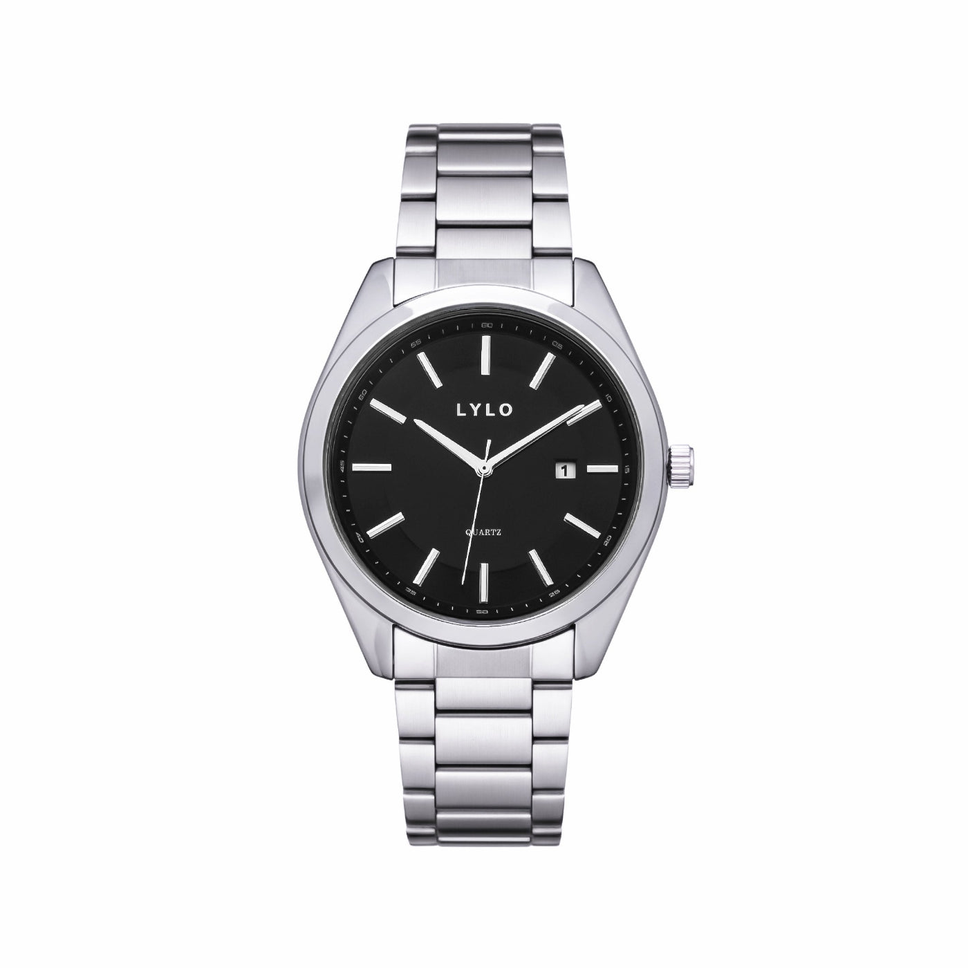 A silver stainless steel wrist watch with a black dial, silver-tone hour markers and hands, and a date window at 3 o'clock, shown on a plain white background.